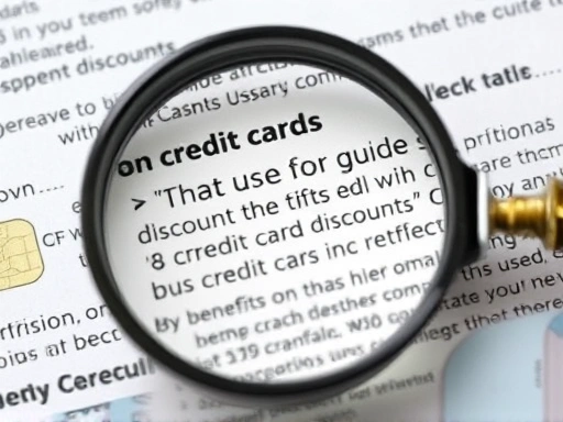 돋보기로 신용카드 약관을 확대하여 살펴보는 클로즈업 샷으로, 꼼꼼하게 혜택을 확인하는 모습