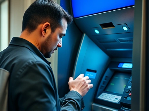 한 남자가 ATM 앞에서 신용카드를 사용하고 있습니다.