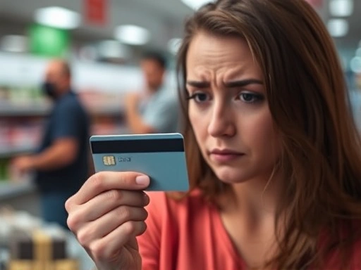 한 여성이 걱정스러운 표정으로 신용카드를 들고 있으며, 배경은 흐릿한 상점 계산대입니다.