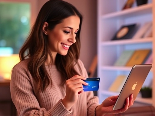 한 여성이 신용카드를 사용하여 온라인 쇼핑을 즐기고 있으며, 따뜻한 조명과 편안한 분위기