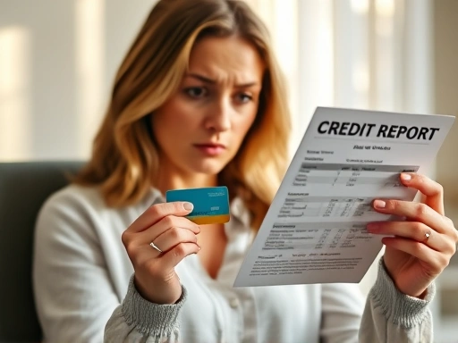 한 여성이 신용카드를 들고 신용평가 보고서를 확인하며 고민하는 모습