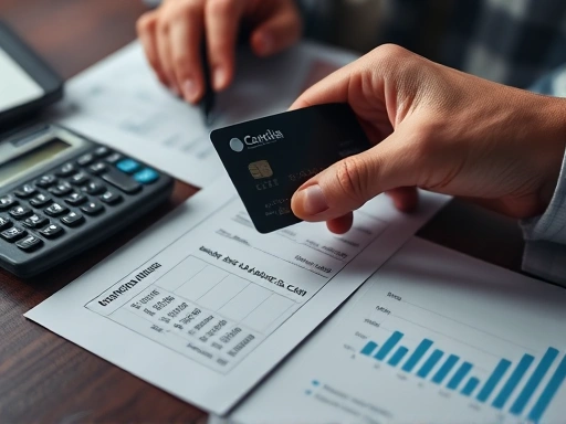 신용카드와 계산기, 그래프가 놓인 테이블 위에서 신용카드 사용 내역을 분석하는 손, 클로즈업 샷과 차분한 조명으로 금융 관리의 중요성을 강조하는 이미지