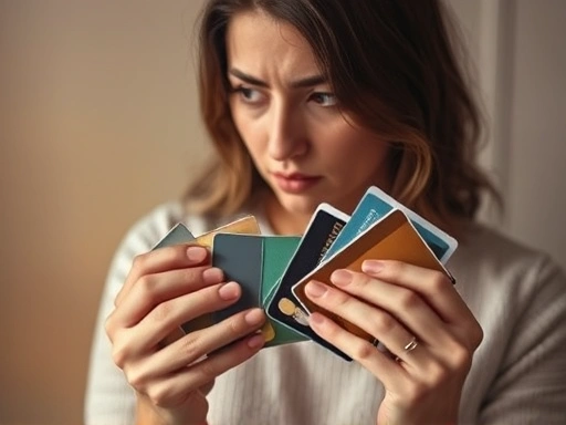 한 여성이 다양한 신용카드를 들고 고민에 빠진 모습