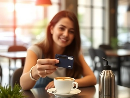 한 여성이 신용카드를 사용하여 커피를 구매하고 있으며, 부드러운 자연광이 카페 내부를 따뜻하게 비추고, 편안하고 여유로운 분위기