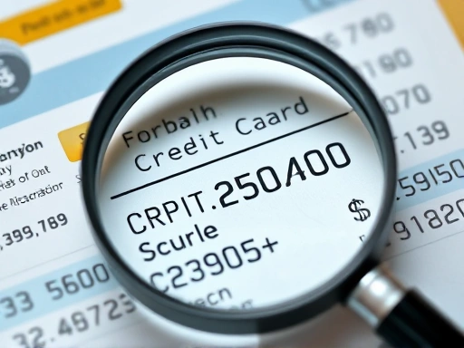 신용카드 명세서를 확대하여 보여주며, 세부 항목과 숫자들이 강조되어 있고, 날카로운 인공 조명이 금융 거래의 투명성과 정확성을 부각합니다.