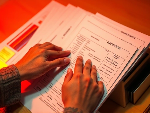 다양한 소득 증빙 서류를 정리하는 손, 따뜻한 색온도의 조명, 세심하고 꼼꼼한 인상을 강조합니다.