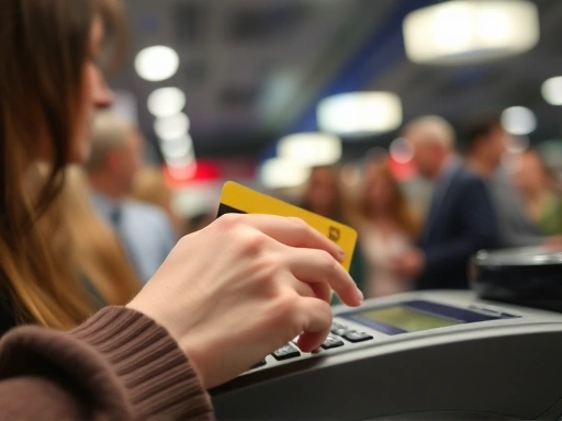 {공공장소에서 신용카드를 사용하는 여성의 손을 클로즈업한 이미지