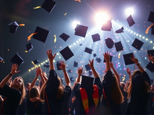 {밝은 조명 아래 졸업생이 학사모를 던지며 기뻐하는 모습