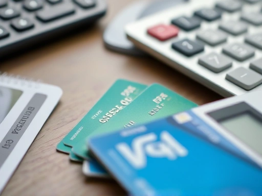 {신용카드와 계산기가 놓인 책상 위 클로즈업 샷.