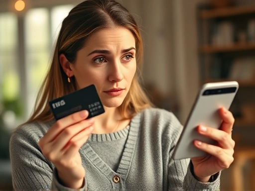 한 여성이 신용카드를 들고 계산기 앱을 응시하며 복잡한 표정을 짓고 있습니다.