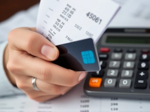 손이 신용카드 명세서를 꽉 쥐고 있고, 계산기의 숫자가 흐릿하게 보이는 클로즈업 샷으로, 재정적 압박과 걱정을 강조하는 두 번째 이미지