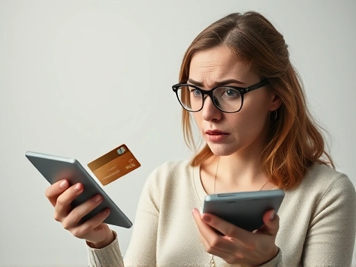 한 여성이 신용카드를 들고 걱정스러운 표정으로 계산기를 두드리고 있으며, 부드러운 조명과 차분한 색상으로 불안하고 긴장된 분위기