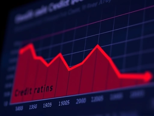 신용카드 연체로 인해 하락한 신용등급 그래프를 클로즈업하여 보여주고, 어두운 조명과 붉은색 강조를 사용하여 심각성과 중요성을 부각하는 두 번째 이미지