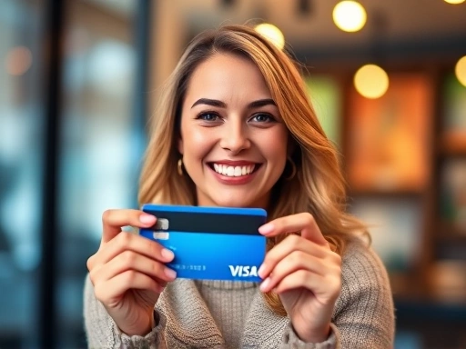 한 여성이 신용카드를 들고 환하게 웃고 있으며, 밝은 조명과 화사한 색감이 긍정적 분위기