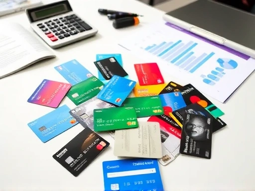 다양한 신용카드가 테이블 위에 펼쳐져 있고, 계산기와 그래프가 주변에 놓여 있는 장면