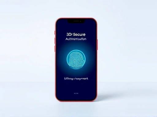 {밝은 색상의 최신 스마트폰, 3D 시큐어 인증 화면이 띄워져 있으며, 사용자가 지문 인식을 통해 인증을 완료하는 모습
