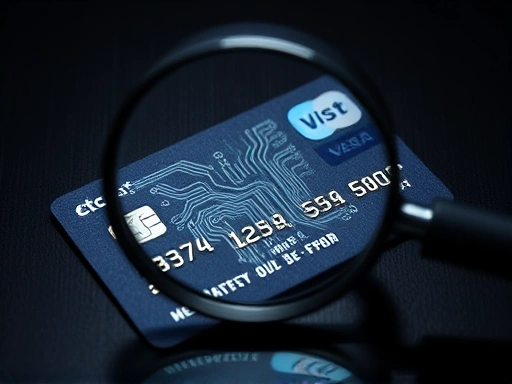{돋보기 아래 놓인 신용카드, 복잡한 회로 패턴이 카드 표면에 나타나 있으며, 이는 온라인 결제 보안의 중요성을 상징적으로 보여준다.