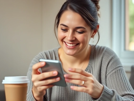 한 여성이 스마트폰으로 신용카드 정보를 확인하며 미소짓고 있습니다.