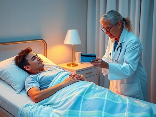 {응급 상황에서 신용카드를 사용하여 의료비를 결제하는 장면