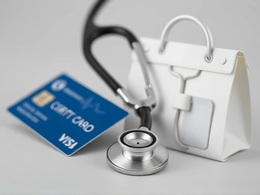 {신용카드, 청진기, 약 봉투 등의 상징적인 요소를 클로즈업하여 보여줍니다.