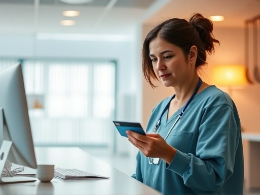 한 여성이 병원에서 신용카드를 사용하여 진료비를 결제하고 있으며, 편안한 분위기