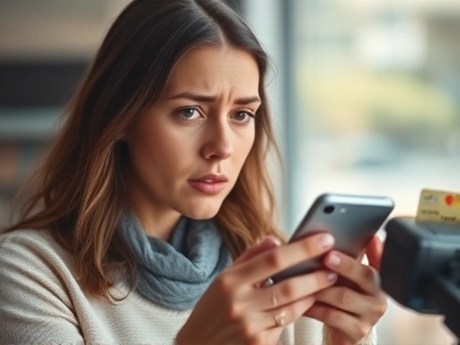 한 여성이 스마트폰으로 신용카드 결제 내역을 확인하며 당황한 표정을 짓고 있고, 배경에는 흐릿하게 카드 결제기가 놓여 있다.