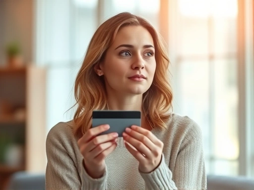 한 여성이 신용카드를 들고 고민하는 모습
