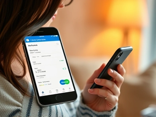 한 여성이 스마트폰을 사용하여 신용카드 자동이체를 설정하는 모습