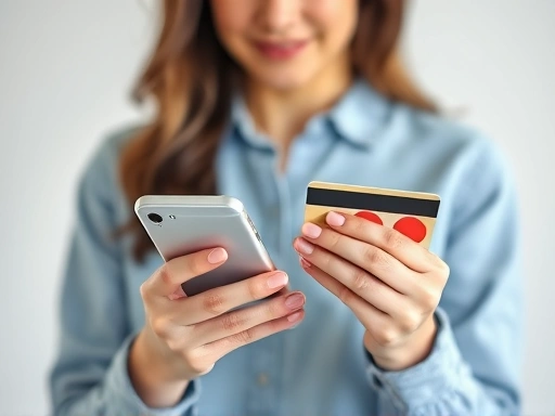 한 여성이 스마트폰을 들고 신용카드를 주의 깊게 살펴보고 있으며, 밝은 조명과 깔끔한 배경으로 신뢰감과 안정감을 주는 분위기