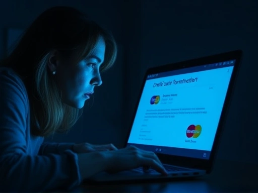 한 여성이 불안한 표정으로 노트북 화면을 응시하며, 신용카드 정보 유출을 확인하는 장면