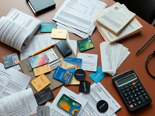 신용카드가 놓인 테이블 위에 계산기와 영수증이 흩어져 있는 장면