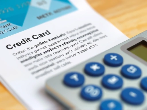 신용카드 상품 설명서와 계산기를 클로즈업하여 신중하게 비교 분석하는 모습