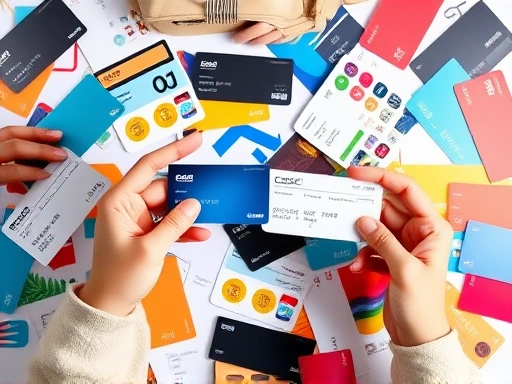 다양한 카드 디자인이 펼쳐진 가운데, 한 손이 신용카드를 다른 손이 체크카드를 쥐고 있으며, 밝고 균등한 조명 아래 세련된 스타일로 촬영되어 정보 접근성과 선택의 중요성을 시각적으로 강조합니다.