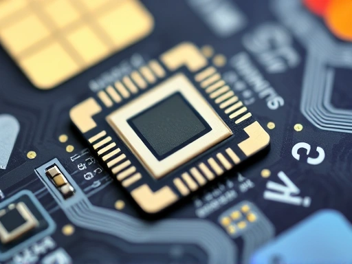신용카드와 체크카드의 칩 부분을 클로즈업하여 촬영, 복잡한 회로와 미세한 디테일을 보여주며, 정밀하고 전문적인 촬영 기법으로 금융 기술의 핵심 요소를 부각합니다.