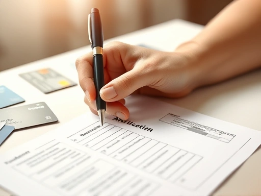 다양한 신용카드가 펼쳐진 테이블 위에 손이 혜택 신청서를 작성하는 장면