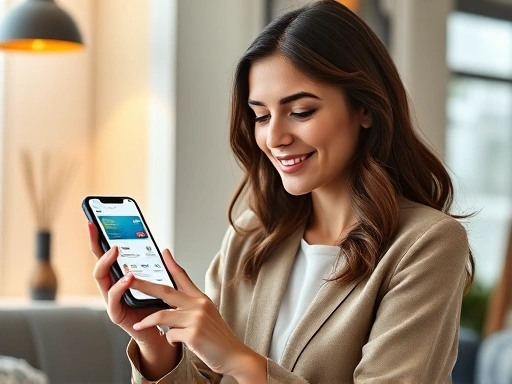한 여성이 스마트폰 앱을 사용하여 여러 신용카드를 관리하고, 앱 인터페이스는 다양한 카드 정보와 소비 분석 데이터를 보여주며, 부드러운 조명과 현대적인 스타일로 편안하고 효율적인 분위기