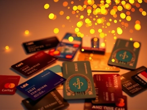 다양한 신용카드가 펼쳐져 있고, 그 위로 빛나는 포인트들이 떠다니는 모습