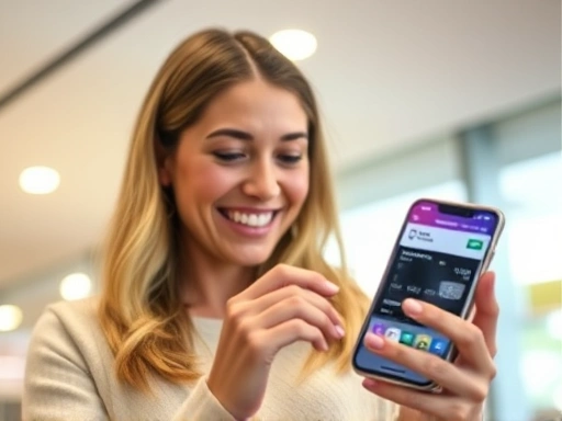 한 여성이 스마트폰으로 신용카드 앱을 보며 포인트를 확인하고 있다.