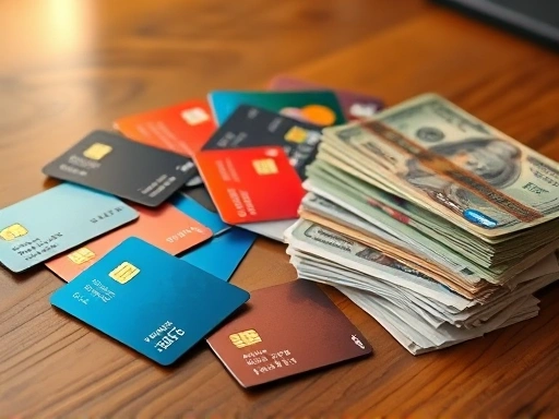 다양한 신용카드가 테이블 위에 놓여 있고, 지폐 다발이 옆에 있어 포인트를 현금으로 바꿀 수 있는 가능성을 보여주는 고화질 샷, 따뜻한 조명으로 강조