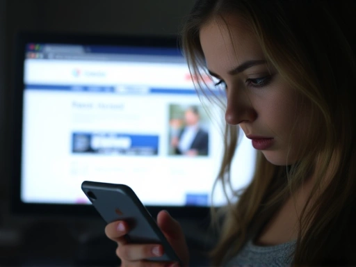 한 여성이 걱정스러운 표정으로 스마트폰을 들여다보고 있으며, 배경에는 흐릿하게 보이는 가짜 카드사 웹사이트 화면이 보인다.