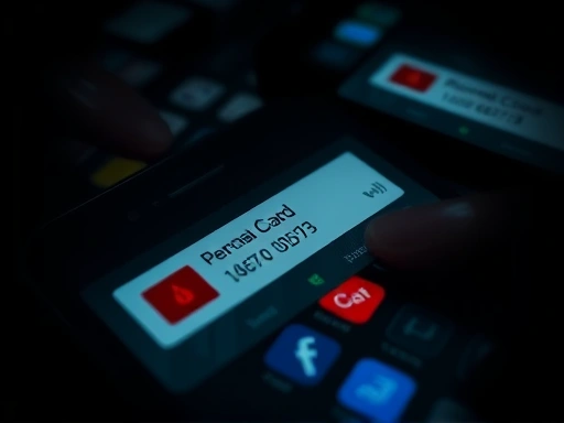 클로즈업된 신용카드와 스마트폰 화면에는 개인 정보 입력창이 나타나 있고, 붉은색 경고 아이콘이 강조되어 있다.