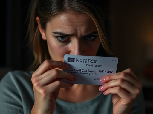 한 여성이 신용카드 한도 감소 통보를 받고 당황한 표정을 짓고 있으며, 어두운 조명과 불안한 색상으로 긴장감을 표현합니다.