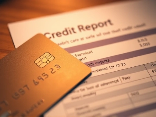신용카드와 신용평가 보고서가 클로즈업되어 있으며, 중요한 정보를 강조하고 신뢰감을 주는 따뜻한 조명으로 촬영되었습니다.