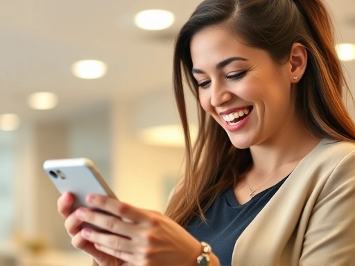 한 여성이 스마트폰으로 신용카드 앱을 보며 미소짓고 있다.
