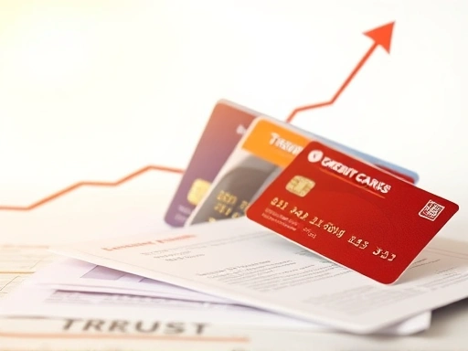밝은 배경에 신용카드와 서류가 놓여 있고, 그래프가 상승하는 모습