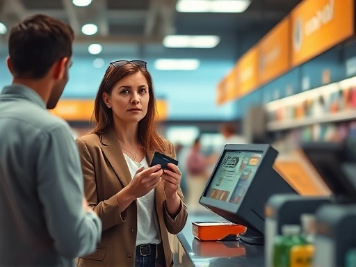 한 여성이 계산대에서 당황한 표정으로 신용카드를 들고 있으며, 직원은 난감한 표정으로 그녀를 바라보고 있다.
