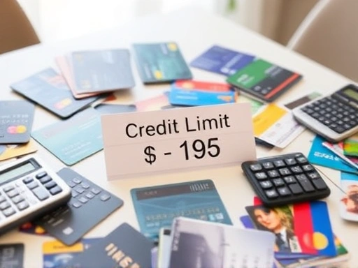 다양한 카드와 계산기가 놓인 테이블 위에서, 신용카드 한도를 계산하는 듯한 분위기