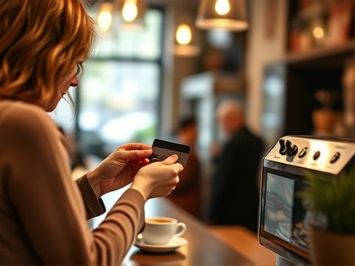 한 여성이 신용카드를 사용하여 커피를 구매하고 있으며, 따뜻한 색감과 부드러운 조명으로 편안하고 여유로운 분위기