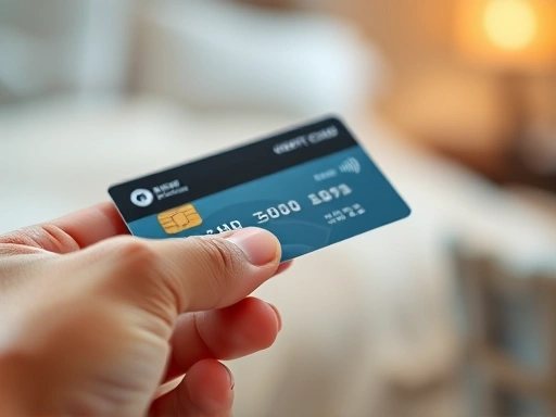 손에 든 신용카드를 클로즈업하여 보여주는 장면