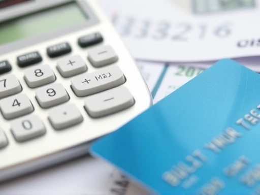 계산기와 신용카드를 함께 보여주는 클로즈업 샷, 날카로운 초점과 중립적인 조명으로 신중하고 분석적인 느낌을 강조하여 합리적인 소비 결정의 중요성을 부각합니다.